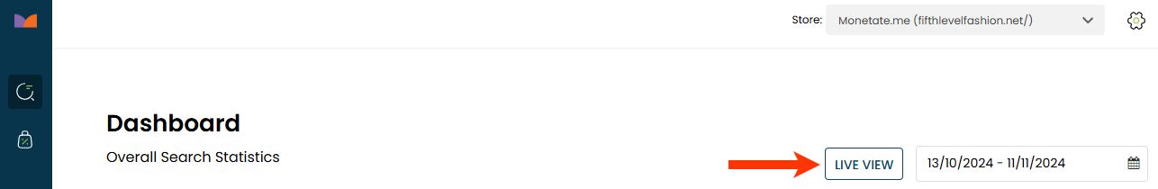 Callout of the LIVE VIEW button on the Personalized Site Search analytics dashboard