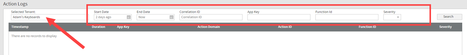 The action log page with a tenant and filters