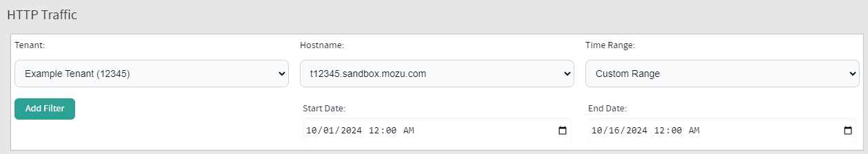 The HTTP traffic tenant, hostname, and time range fields
