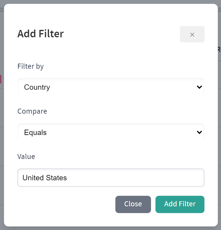 An example filter for countries that equal USA