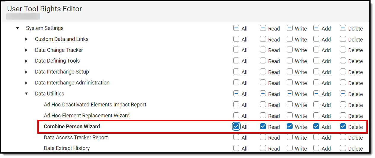 screenshot of combine person wizard tool rights
