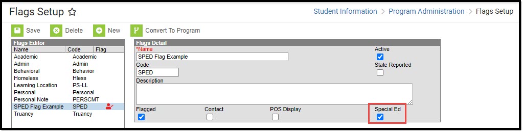 Screenshot of the Flags Setup tool displaying a Special Ed flag example.