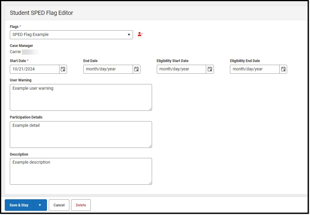 Screenshot of the Student SPED Flag Editor fields.