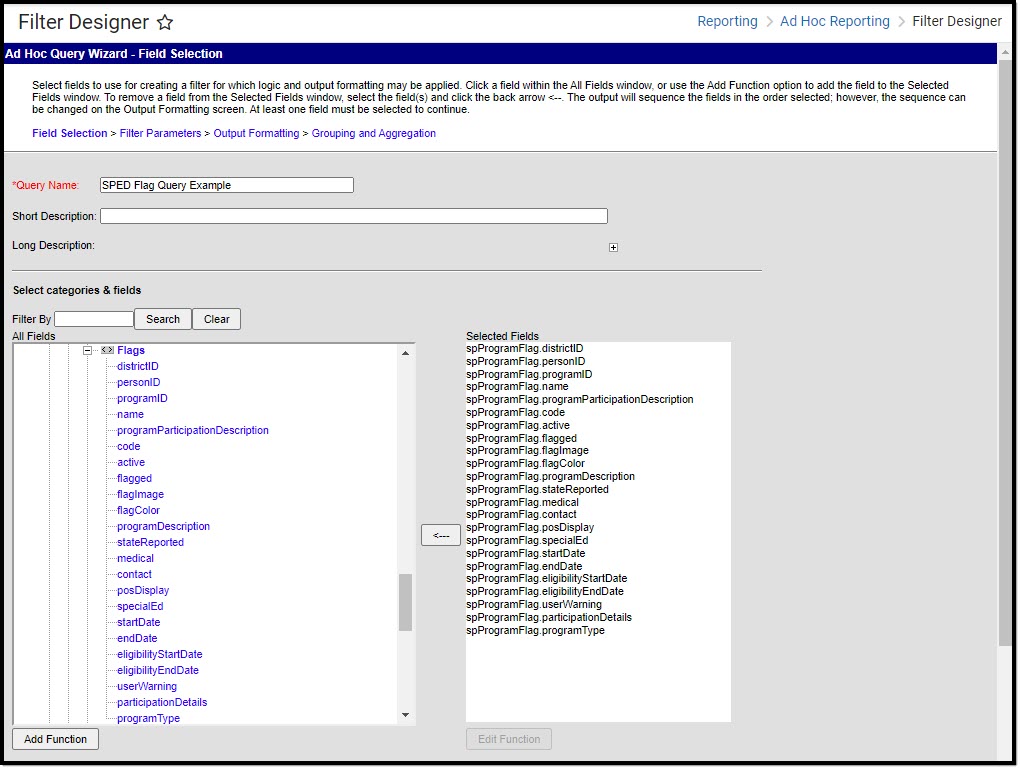 Screenshot of the Additional Flag Fields in Ad hoc.