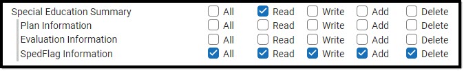 Screenshots of the SpedFlag Information Subrights fir the Special Education Summary tool.