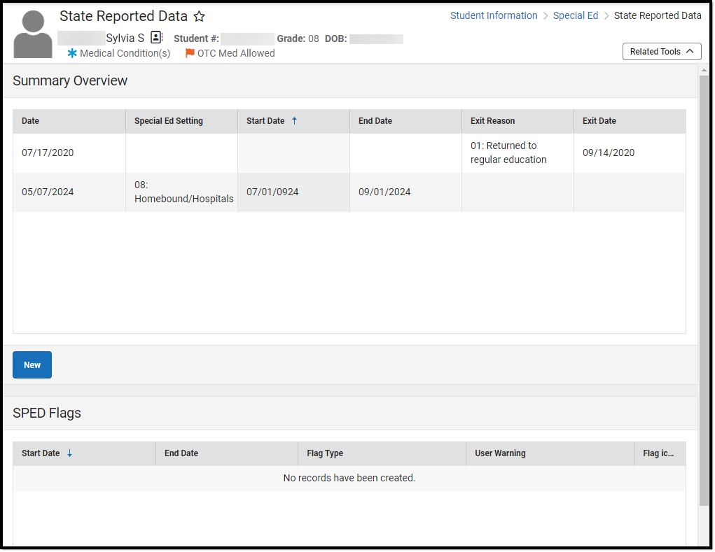 Screenshot of the Special Education State Reporting Tool.