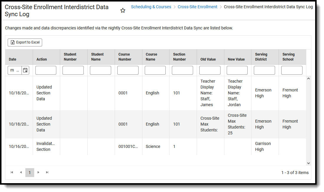 Screenshot of the Cross-Site Enrollment Interdsitrict Data Sync Log, located at Scheduling & Courses, Cross-Site Enrollment. 