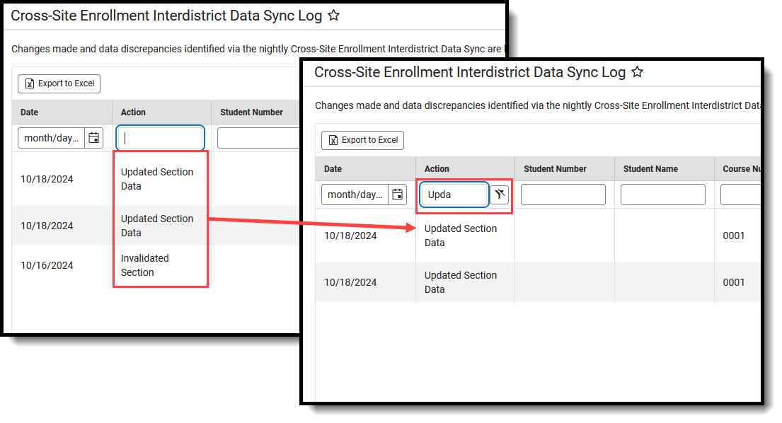 Screenshot of the filtering options for the data sync log. 