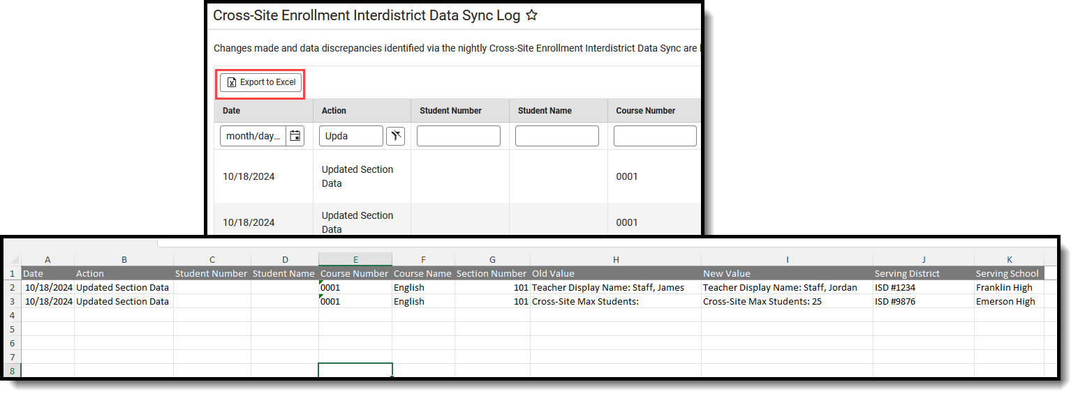 Screenshot of the Export to Excel display. 