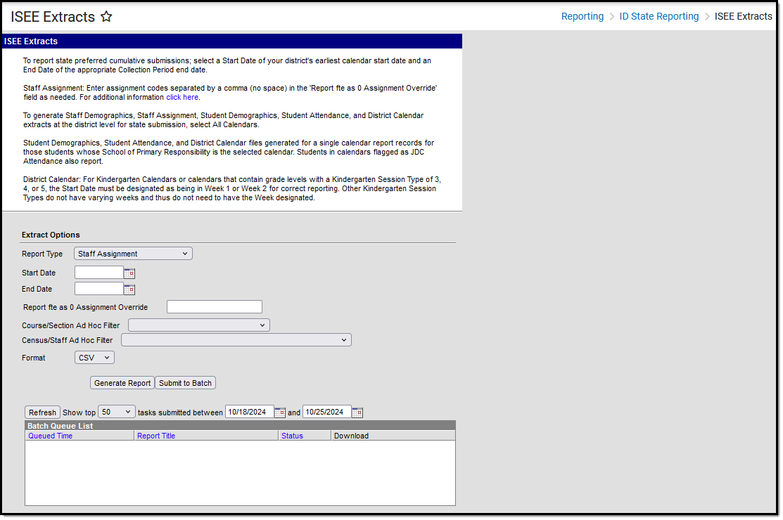 Screenshot of the ISEE  Extract Editor with Staff Assignment report type selected.