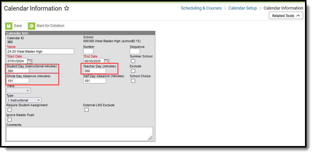 Screenshot of the Calendar Information tool, highlighting the student day, whole day absence, and teacher day fields. 