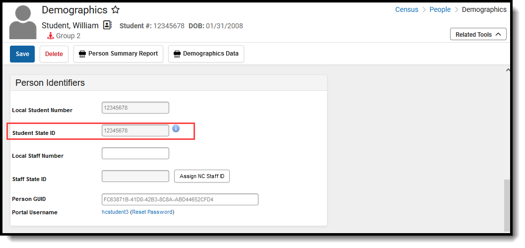 Screenshot of the Student State ID