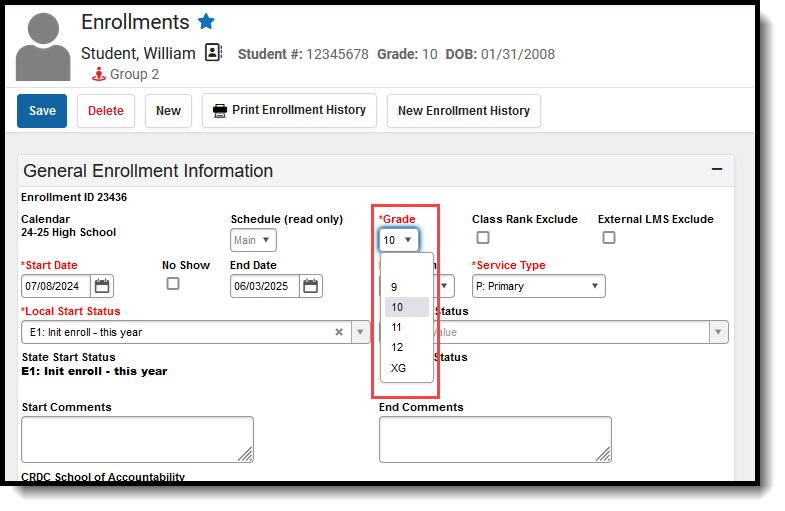 Screenshot of the Grade level field on the enrollment record. 