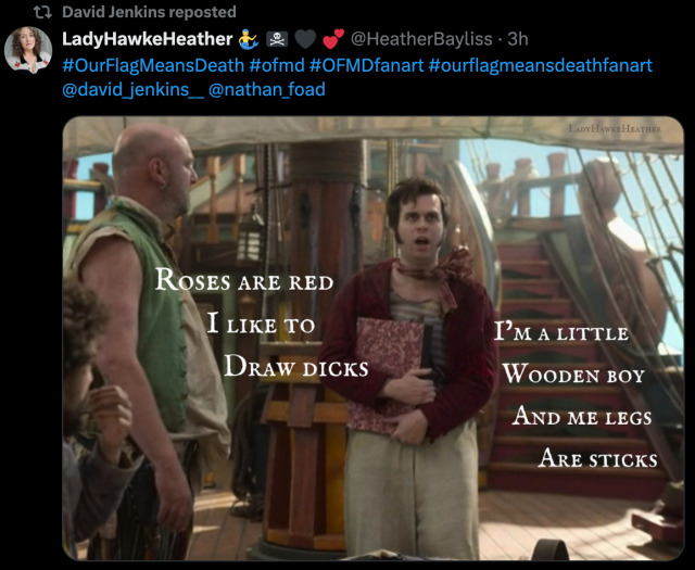 Picture of a Tweet that was reblogged by David Jenkins:  LadyHawkeHeather 🧜‍♂️ 🏴‍☠️ 🖤 💕 @HeatherBayliss Oct 24#OurFlagMeansDeath #ofmd #OFMDfanart #ourflagmeansdeathfanart  