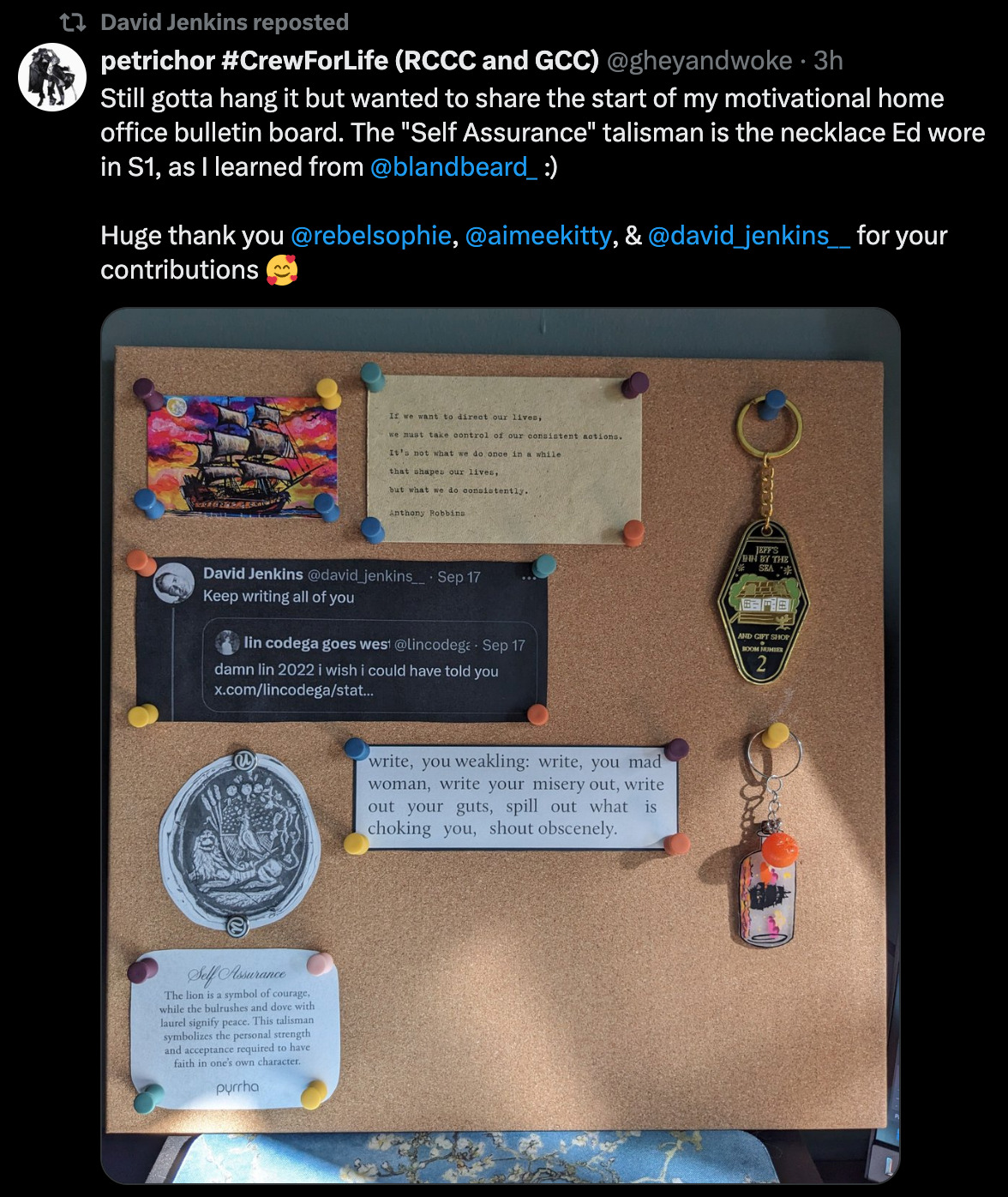 Picture of Tweet, reblogged by David Jenkins:  Still gotta hang it but wanted to share the start of my motivational home office bulletin board. The 