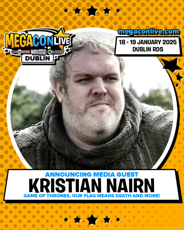 alt= Promo poster for MegaCon Live Dublin, January 18-19, 2025, featuring a guest announcement and image of an actor known for 