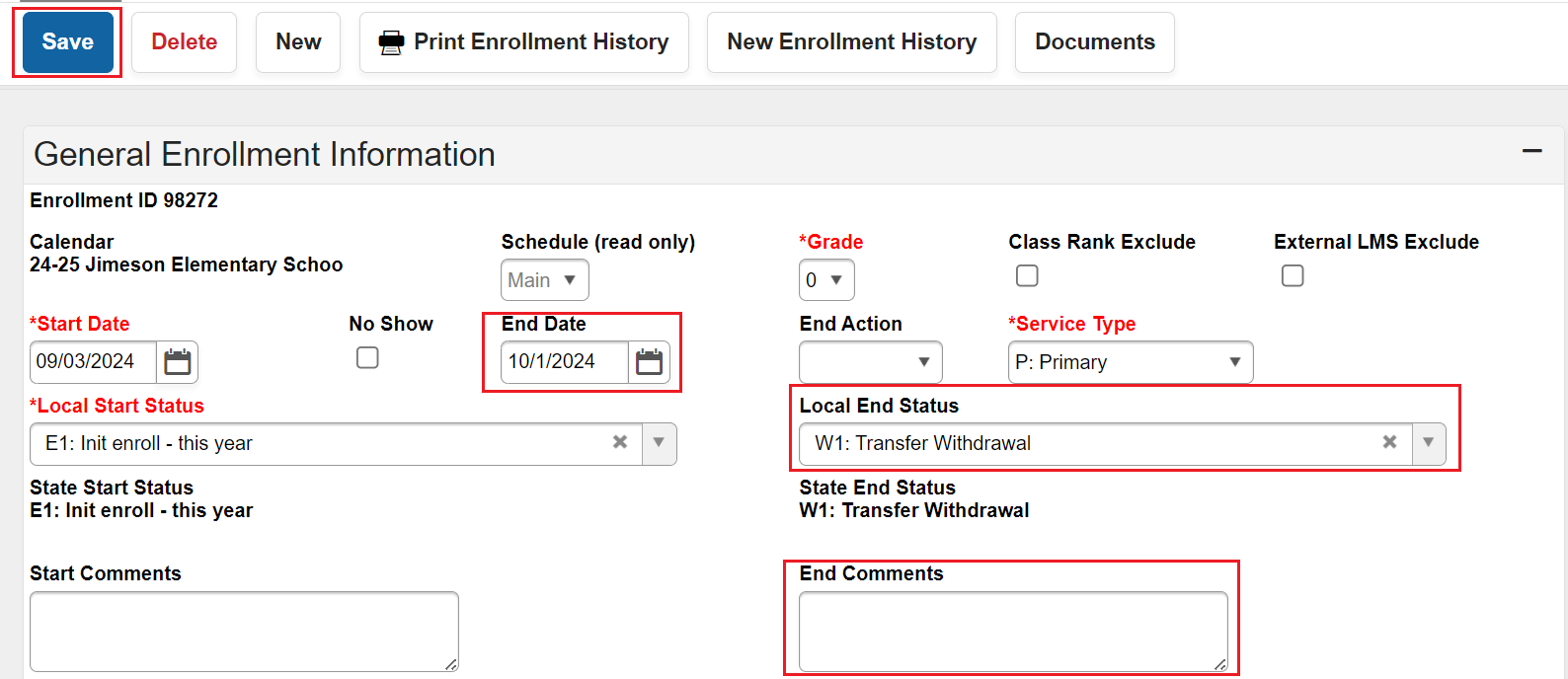 Enrollment information with end date, local end status, and optional end comments.