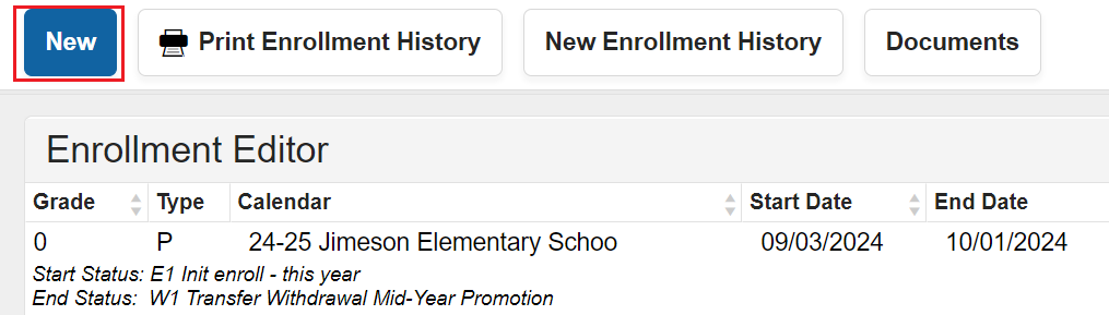 Enrollment editor with start and end date with New selected.