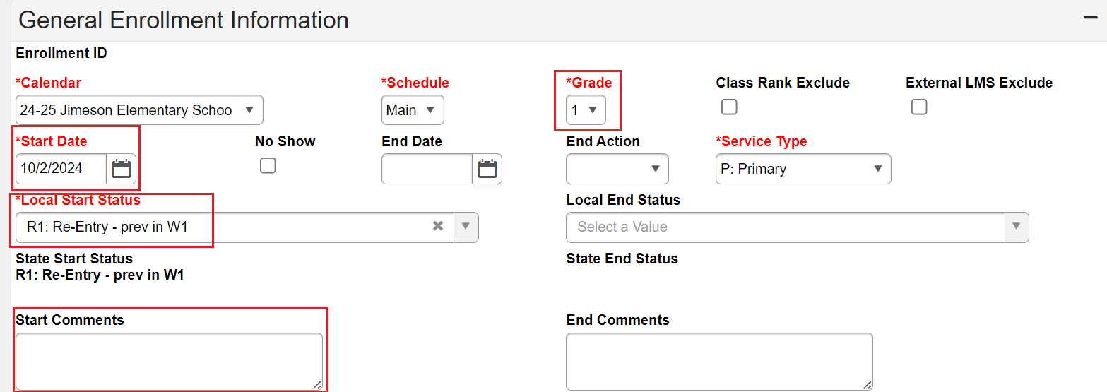 New enrollment with start date, local start status of R1 and updated grade.