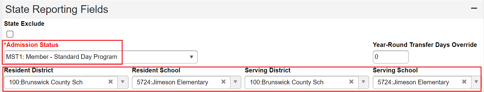 State reporting fields with admission status, resident district, resident school, serving district, and serving school highlighted.