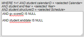 SQL statement AND student.enddate IS NULL to exclude inactive students.