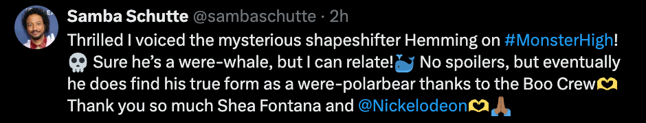 Thrilled I got to voice the mysterious shapeshifter Hemming on Monster High!💀 Grateful for not only getting to showcase another accent from another corner of my world, but getting to play someone who always felt like an outsider. Sure he’s a were-whale, but I can relate!🐳 No spoilers, but eventually he does find his true form as a were-polarbear thanks to the Boo Crew🫶 Thank you so much to @sheafontana @jeanninecasting @nickelodeon Lisa Schaffer and all the amazing cast and crew for creating a beautiful show about identity, belonging and found family❤️ Congrats on a lovely Season 2!🙌🏾  #monsterhigh #monsterhighg3 #animation #nickelodeon #voiceover #voiceactor