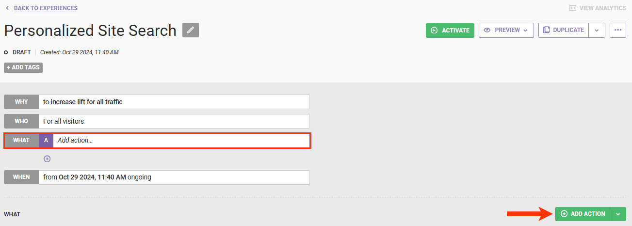 Callout of the WHAT settings and of the ADD ACTION button in a Omnichannel experience named 'Personalized Site Search'