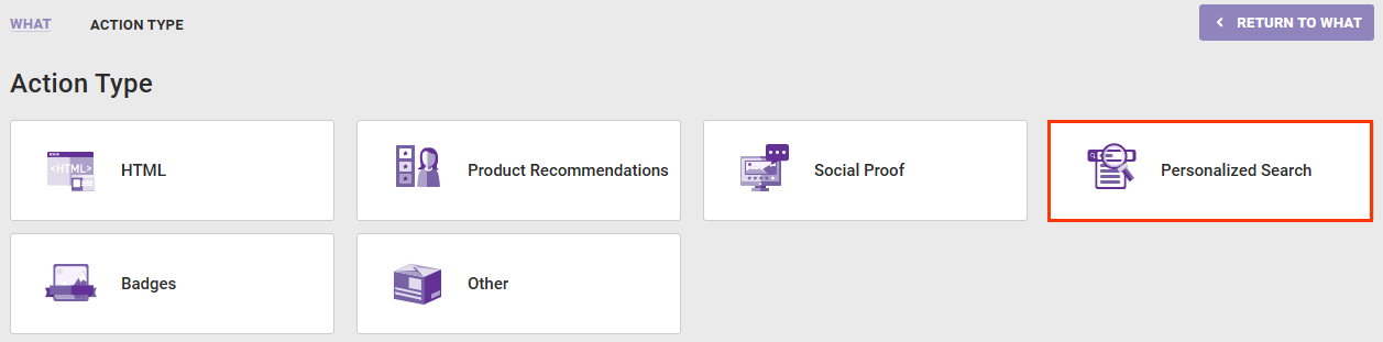 Callout of the Personalized Search option on the Action Type panel of the WHAT settings in a Omnichannel experience named 'Personalized Site Search'