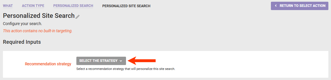 Callout of the 'Recommendation strategy' selector of the Personalized Site Search action template