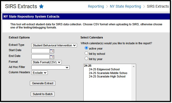 Screenshot of the SIRS Student Behavioral Intervention extract editor.