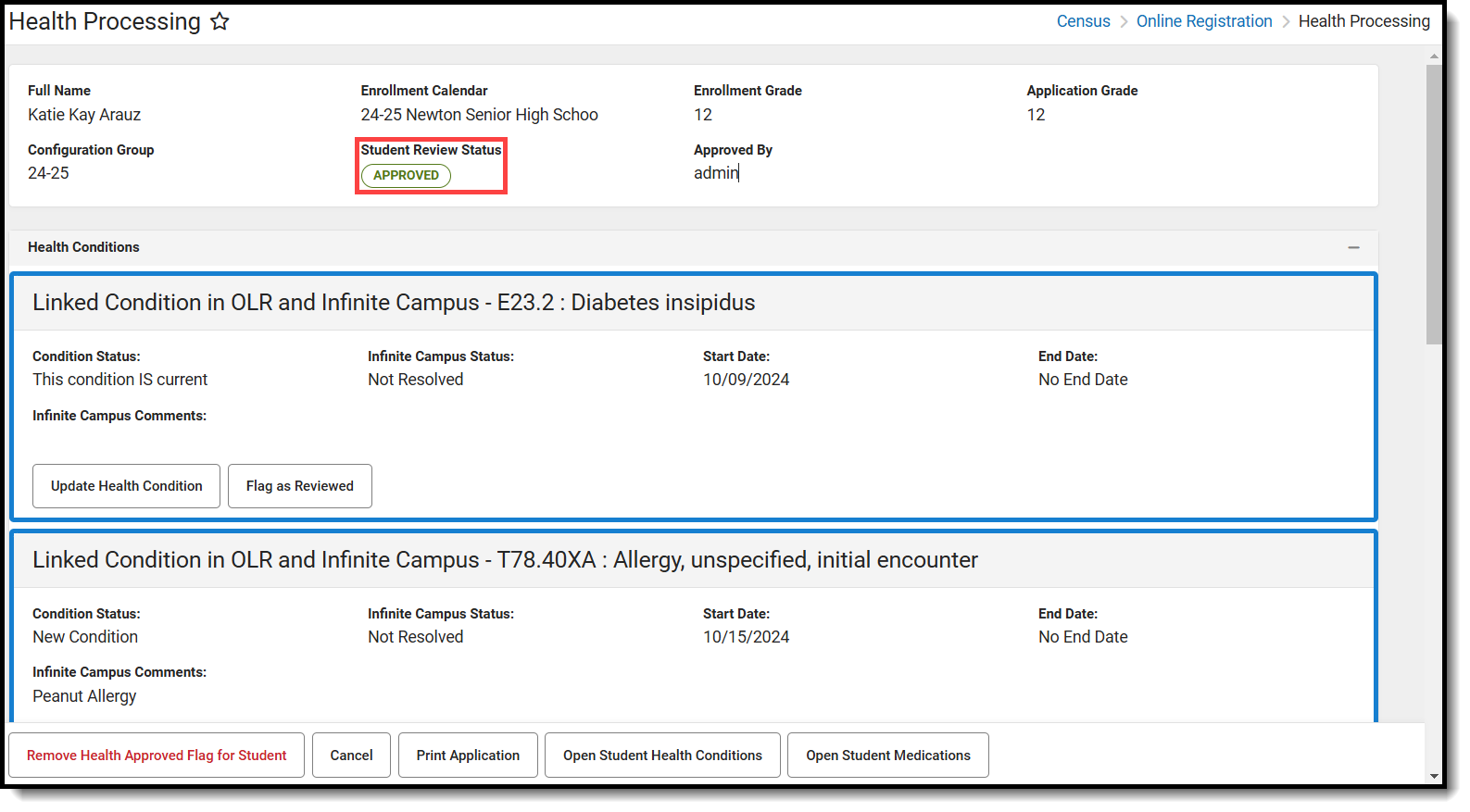 Screenshot of a student application health staff approval status.