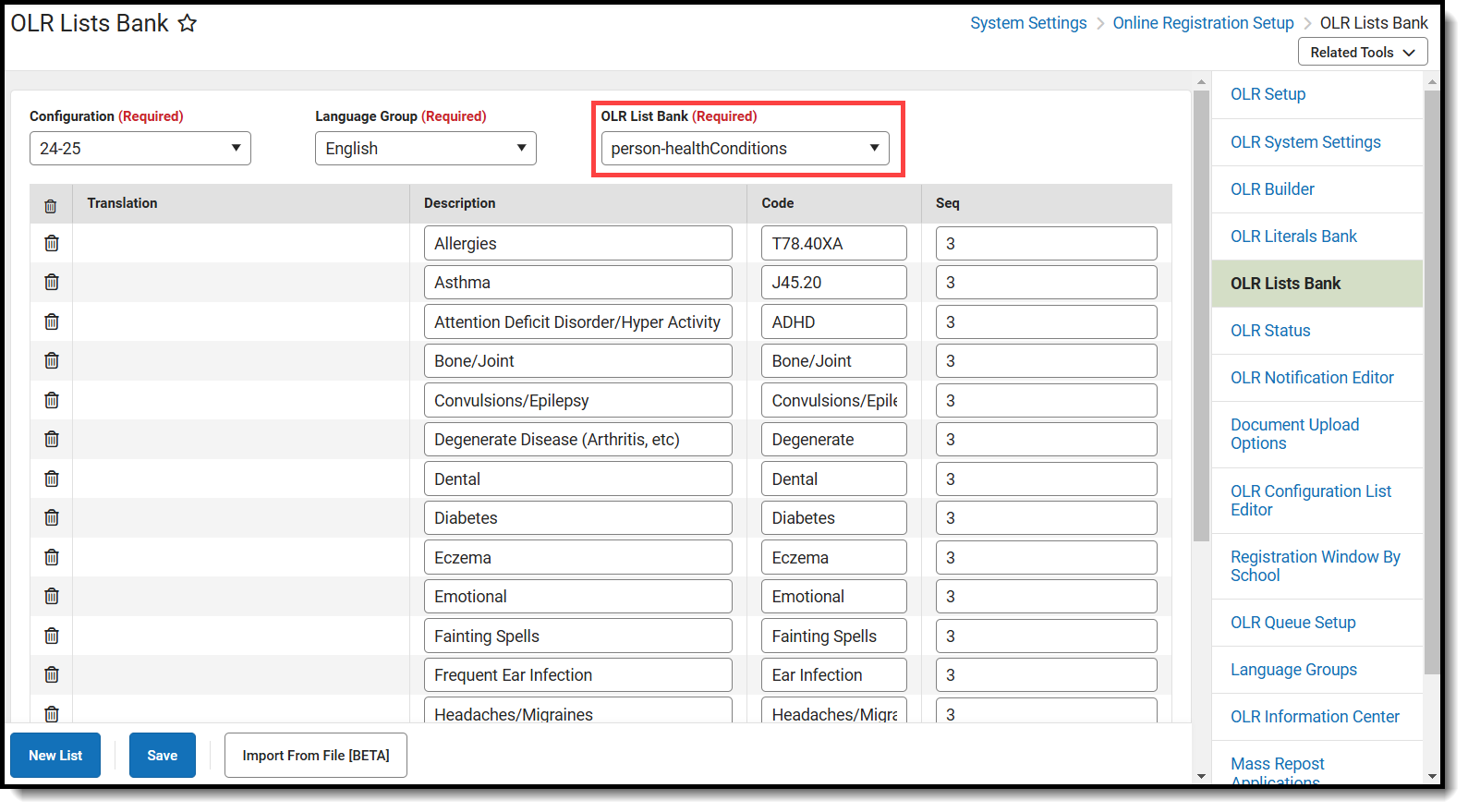 Screenshot of the Conditions list  and Health Literals values.