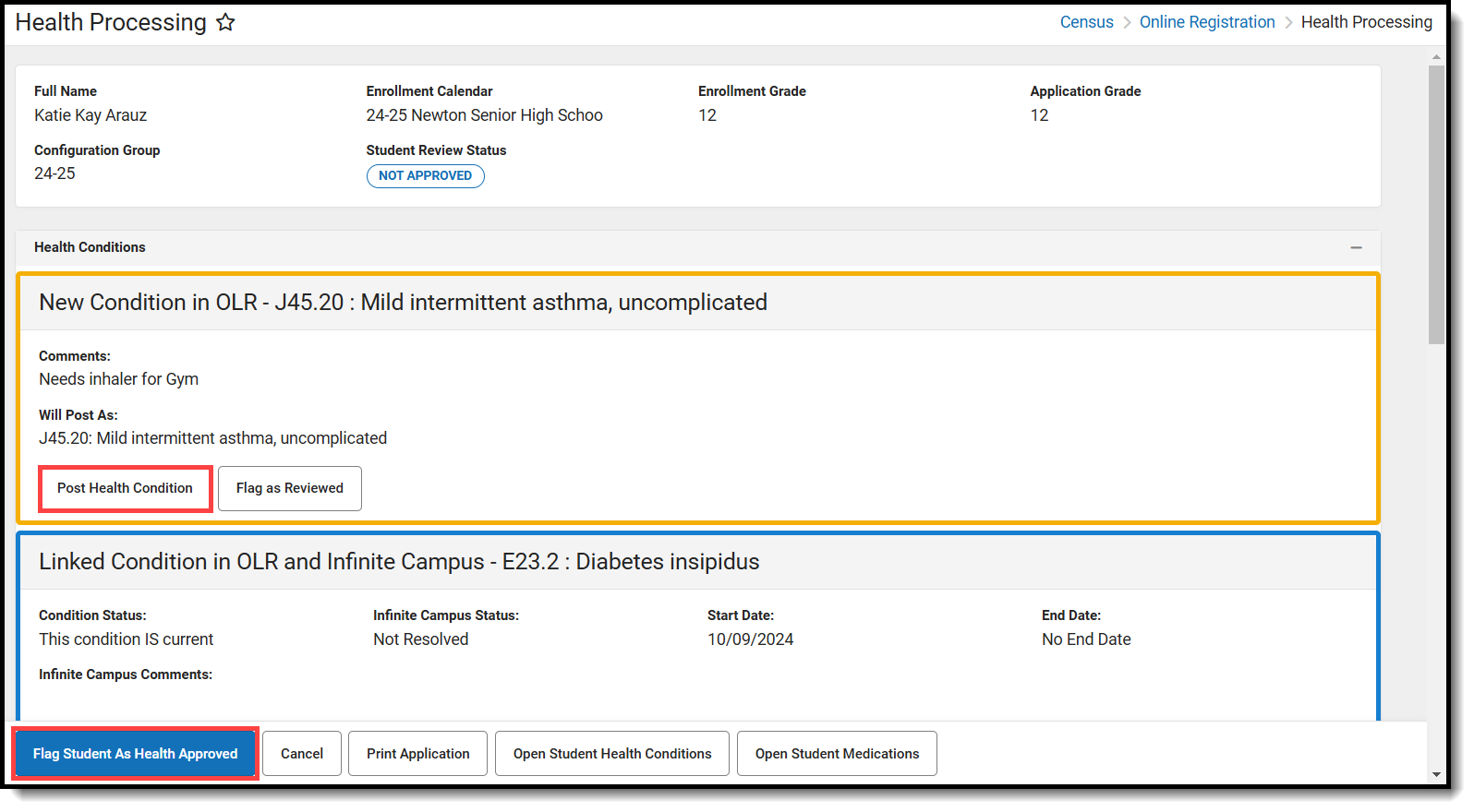 Screenshot of health processing screen