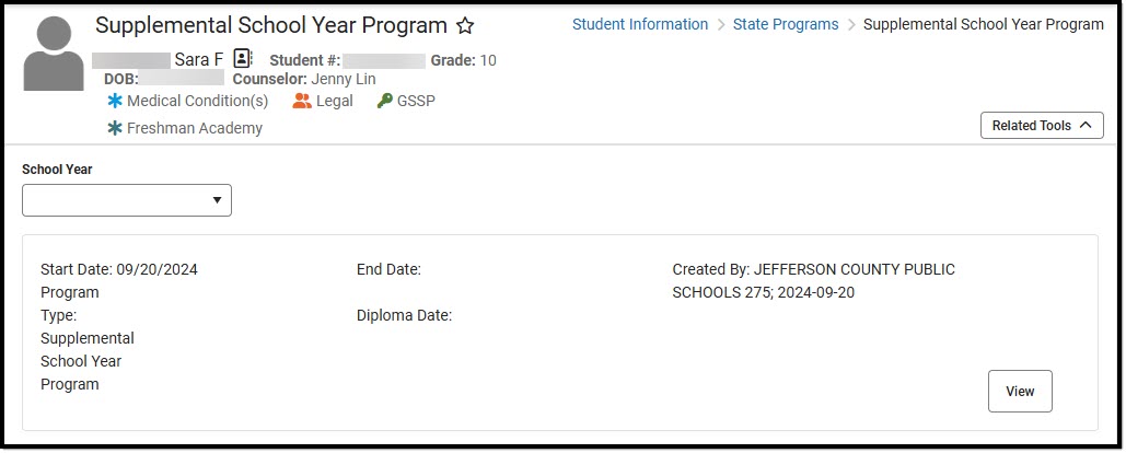 Screenshot of the Supplemental School Year Program Tool.