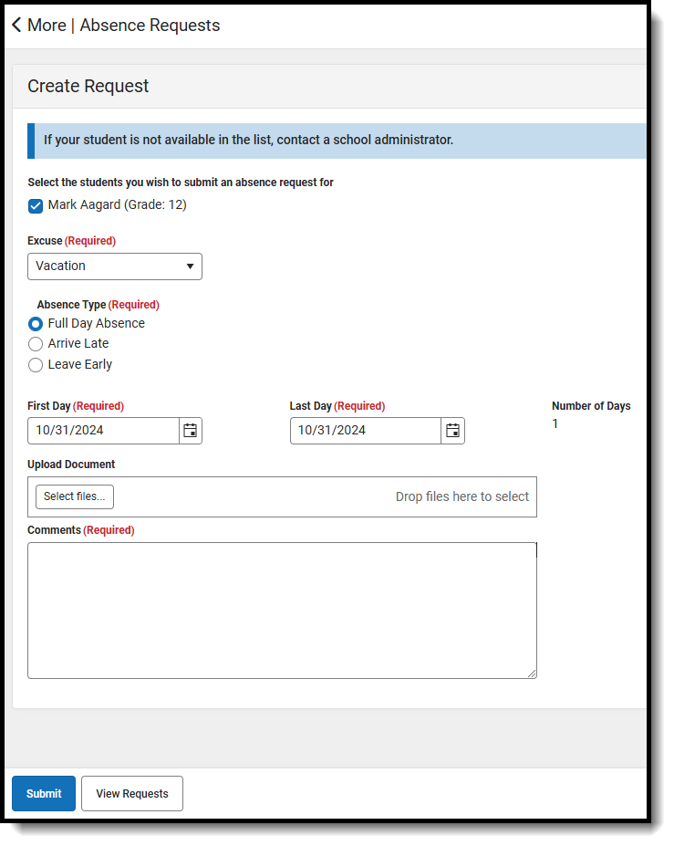 Screenshot of Absence Requests tool in Campus Parent. A multi-day absence request is in the process of being created.