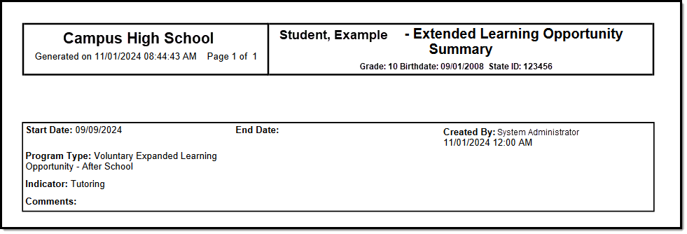 Screenshot of an example ELO Print Summary.