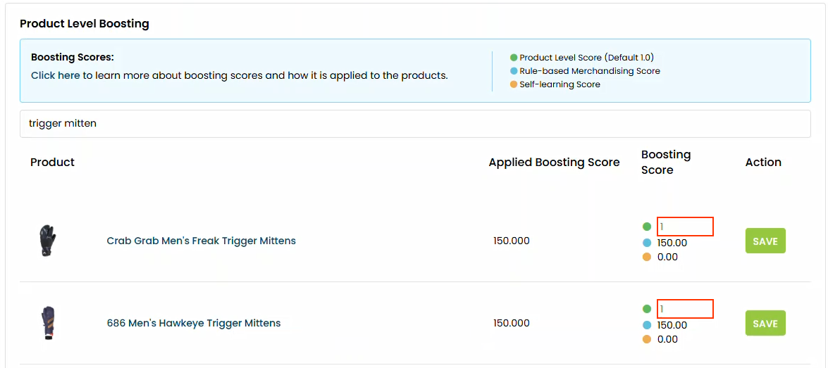 Callout of the Product Level Score field for two products listed in the search results on the Product Level Boosting tab of the Promotions page in Monetate's Personalized Search interface