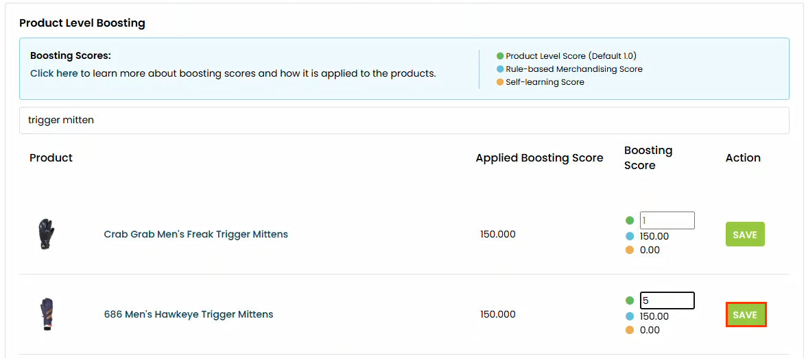 Callout of the SAVE button for a product for which a user revised the Product Level Score on the Product Level Boosting tab of the Promotions page in Monetate's Personalized Search interface