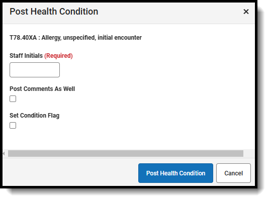 Screenshot of Post Health Condition pop-up