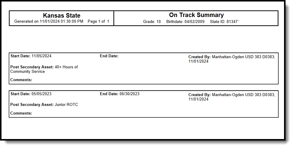 Screenshot of the PDF report of On Track records. 