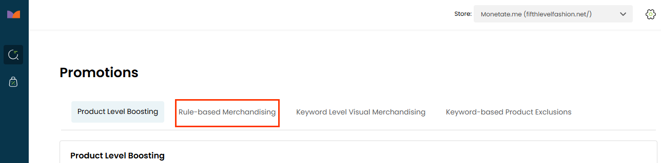 Callout of the Rule-based Merchandising tab on the Promotions page of Monetate's Personalized Search interface