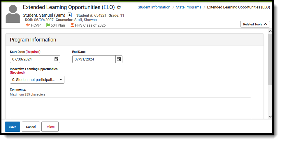 Screenshot of the student's ELO record, located at Student Information, State Programs. 