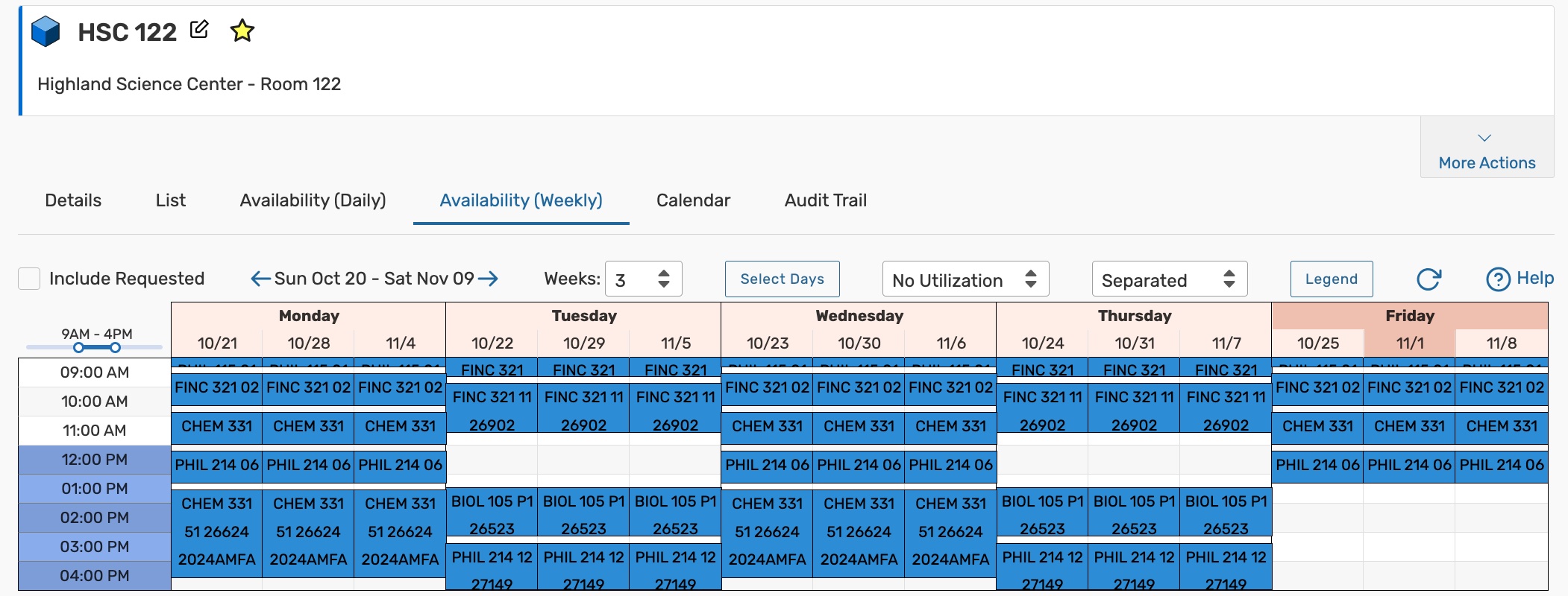 The availability weekly view on a location page