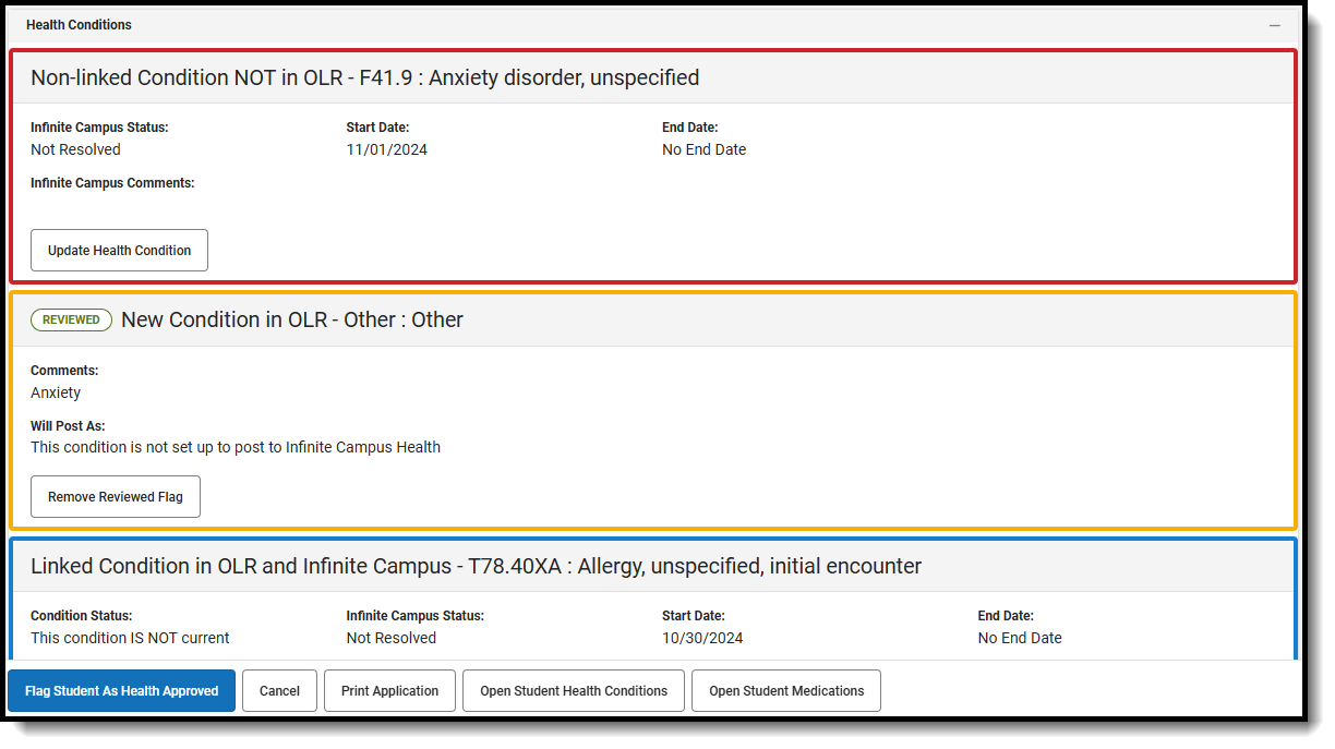 Two part screenshot of the health review and the conditions data entry screen.