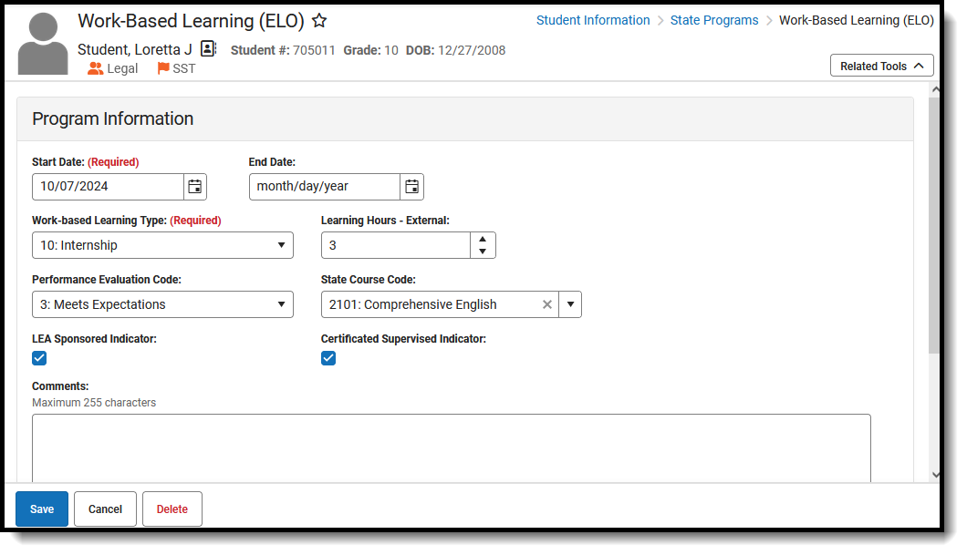 Screenshot of the Work-Based Learning Editor, located at Student Information, State Programs. 