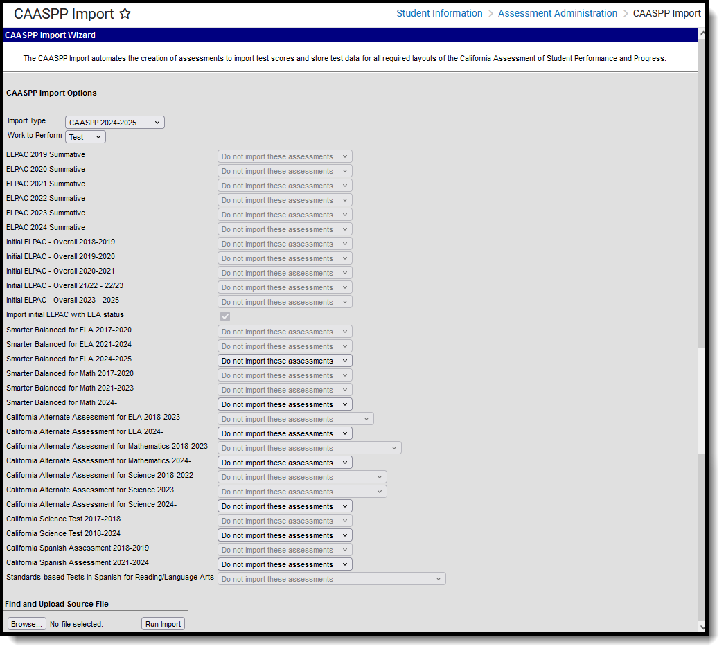 Screenshot of the CAASPP Import tool, located at Student Information, Assessment Administration.