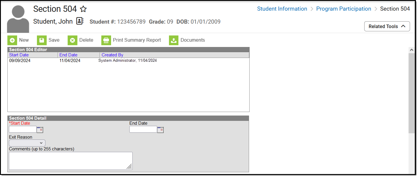 Screenshot of the Section 504 Tool Editor.