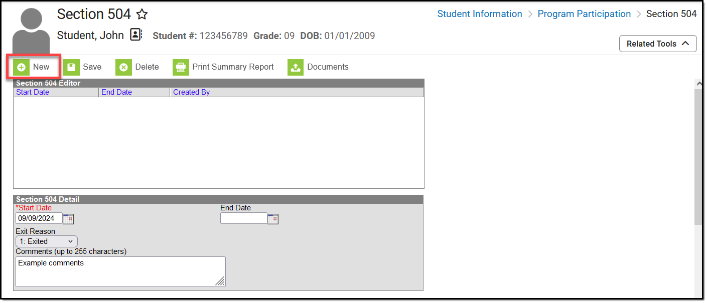 Screenshot of the Section 504 Detail Editor used for entering or editing records.