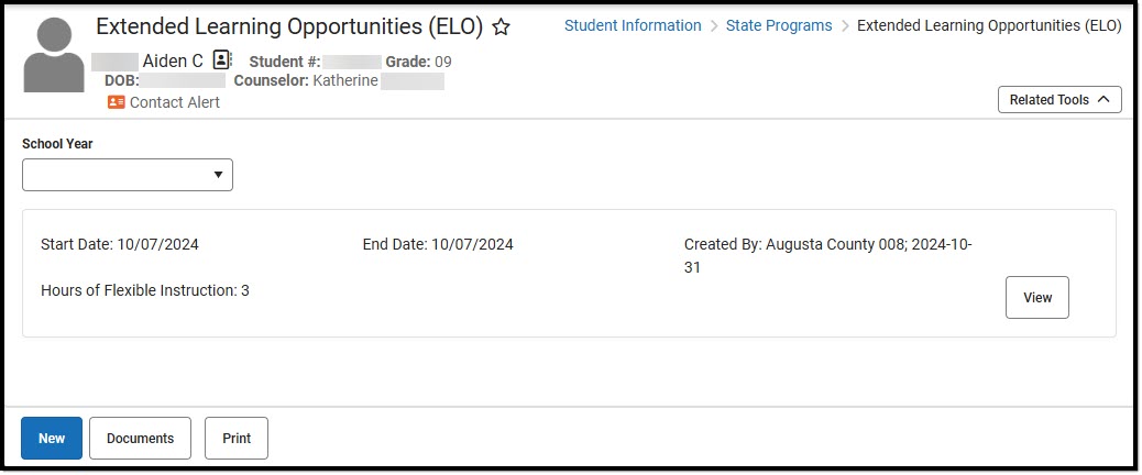 Screenshot of the Extended Learning Opportunities list screen.