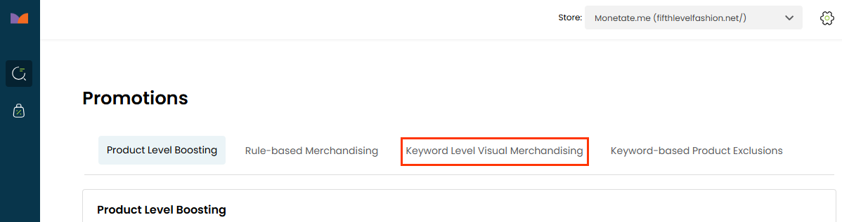 Callout of the Keyword Level Visual Merchandising tab on the Promotions page of Monetate's Personalized Site Search